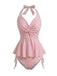 Pink 1950s Gingham Halter Ruffled Tankini Set, vintage set, retro outfit, matching ensemble, women, elegant