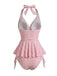 Pink 1950s Gingham Halter Ruffled Tankini Set, vintage set, retro outfit, matching ensemble, women, elegant