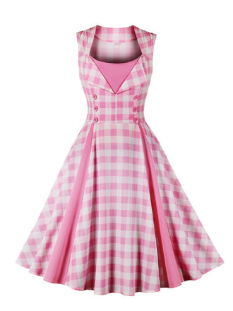 She slips into this Pink 1950s Gingham Plaid Sleeveless Dress and suddenly it's a 1950s daydream