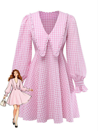 Pink 1950s Gingham Ruffled Lapel Puff Sleeve Dress, vintage dress, retro fashion, rockabilly, pin-up fashion - perfect for women who love vintage and retro fashion