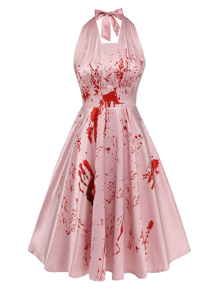 Pink 1950s Halloween Bloodstain Halter Dress — vintage elegance for the modern woman
