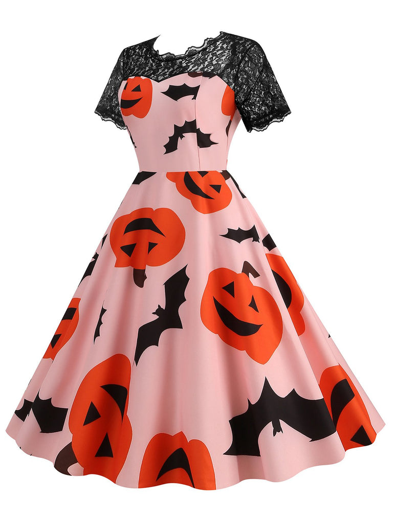 Pink 1950s Halloween Pumpkin Bats Lace Dress, vintage dress, retro fashion, rockabilly, pin-up fashion - perfect for women who love vintage and retro fashion