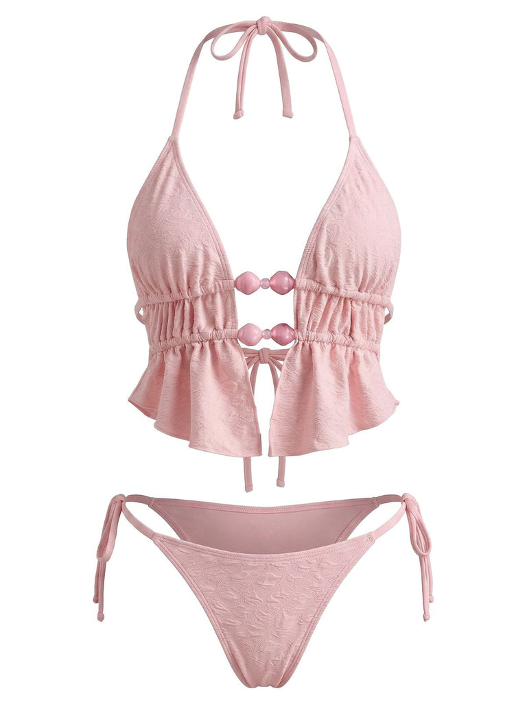 Pink 1950s Halter Beaded Jacquard Solid Bikini Set: beautiful vintage swimwear, retro swimsuit, pin-up style with timeless appeal