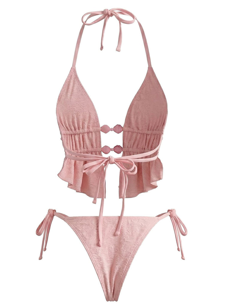 Pink 1950s Halter Beaded Jacquard Solid Bikini Set | vintage swimwear, retro swimsuit, pin-up style - perfect for retro fashion enthusiasts