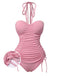 She's wearing Pink 1950s Halter Pleated Solid One-Piece Swimsuit and the whole beach remembers the 1950s