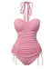 Pink 1950s Halter Pleated Solid One-Piece Swimsuit: 1950s Riviera elegance, reimagined for her
