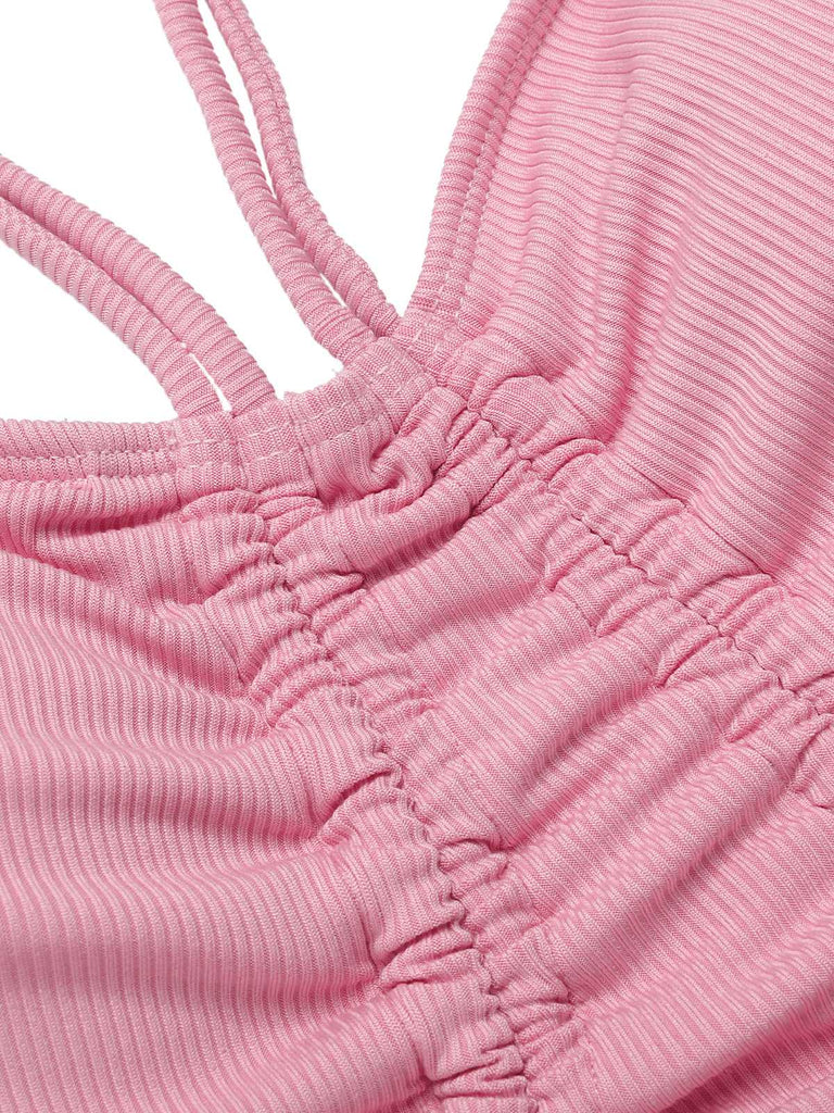 Pink 1950s Halter Pleated Solid One-Piece Swimsuit — 1950s poolside glamour meets sun-drenched confidence