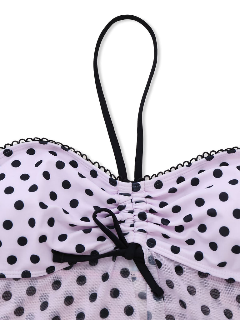 Pink 1950s Halter Polka Dot Bow Tankini Set - vintage fashion, retro style
