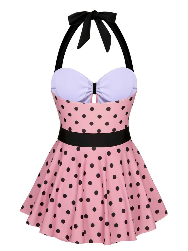 Pink 1950s Halter Polka Dots One-Piece Swimsuit — because 1950s glamour never goes out of style