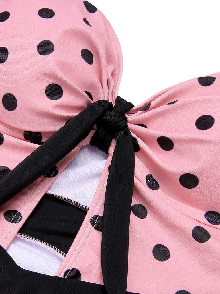 She's wearing Pink 1950s Halter Polka Dots One-Piece Swimsuit and the whole beach remembers the 1950s