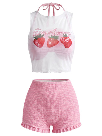 [Pre-Sale] Pink 1950s Halter Smocked Bikini Set & Strawberry Cover Top - vintage top, retro blouse for vintage lovers