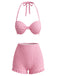 [Pre-Sale] Pink 1950s Halter Smocked Bikini Set & Strawberry Cover Top - vintage top, retro blouse for vintage lovers