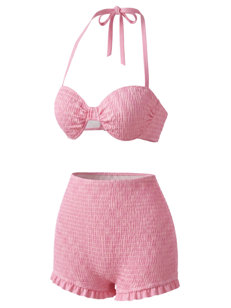 [Pre-Sale] Pink 1950s Halter Smocked Bikini Set & Strawberry Cover Top - vintage top, retro blouse for vintage lovers