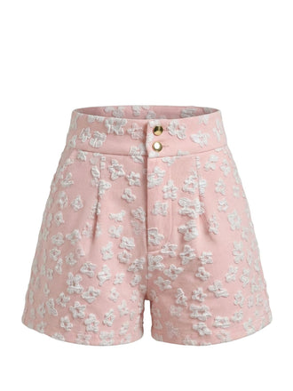 Pink 1950s Jacquard Floral High-Waist Button Shorts - vintage fashion, retro style for vintage lovers