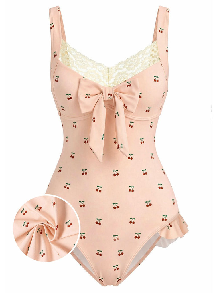 Pink 1950s Lace Cherry Bow One-Piece Swimsuit, vintage swimsuit, pin-up swimwear - perfect for women who love vintage and retro fashion