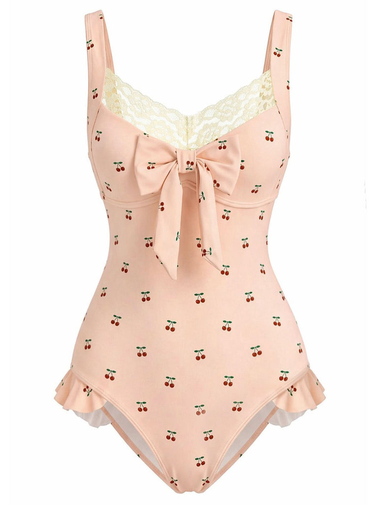 Pink 1950s Lace Cherry Bow One-Piece Swimsuit, vintage swimsuit, pin-up swimwear - perfect for women who love vintage and retro fashion