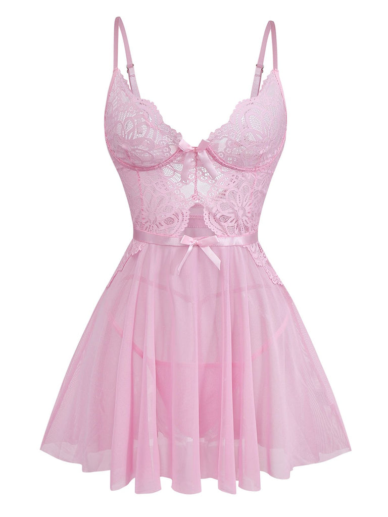 Pink 1950s Lace Spaghetti Strap Bow Nightgown - vintage nightgown, retro sleepwear