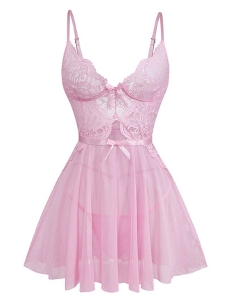 Pink 1950s Lace Spaghetti Strap Bow Nightgown - vintage nightgown, retro sleepwear
