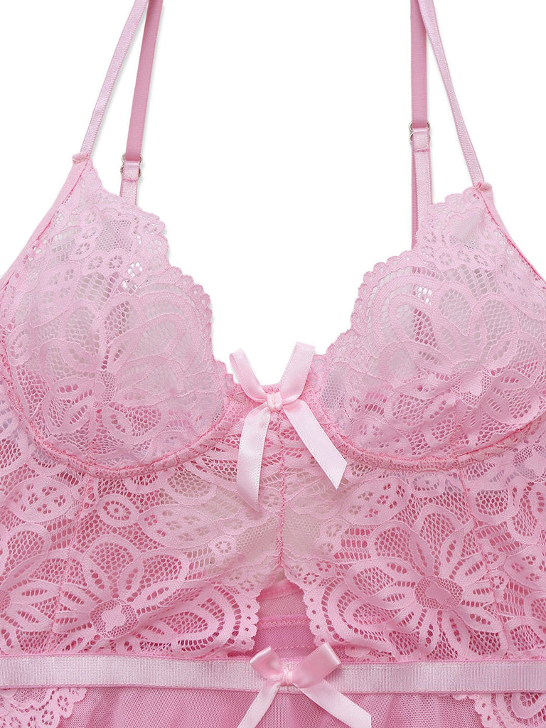 Pink 1950s Lace Spaghetti Strap Bow Nightgown - vintage nightgown, retro sleepwear