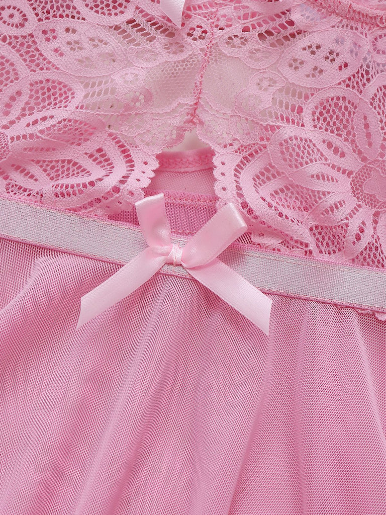 Pink 1950s Lace Spaghetti Strap Bow Nightgown - vintage nightgown, retro sleepwear
