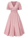 She slips into this Pink 1950s Pinstripe V-Neck Puff Sleeves Ruched Dress and suddenly it's a 1950s daydream