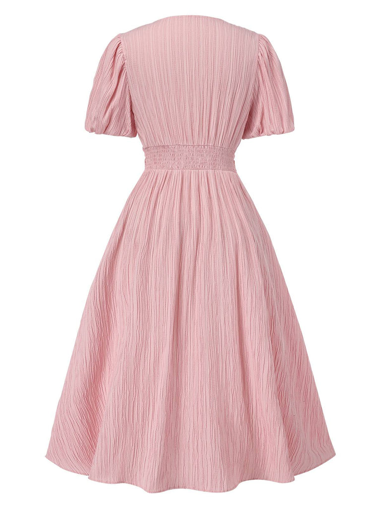 Pink 1950s Pinstripe V-Neck Puff Sleeves Ruched Dress, vintage dress, retro fashion, rockabilly, pin-up fashion - perfect for women who love vintage and retro fashion