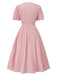 Pink 1950s Pinstripe V-Neck Puff Sleeves Ruched Dress, vintage dress, retro fashion, rockabilly, pin-up fashion - perfect for women who love vintage and retro fashion