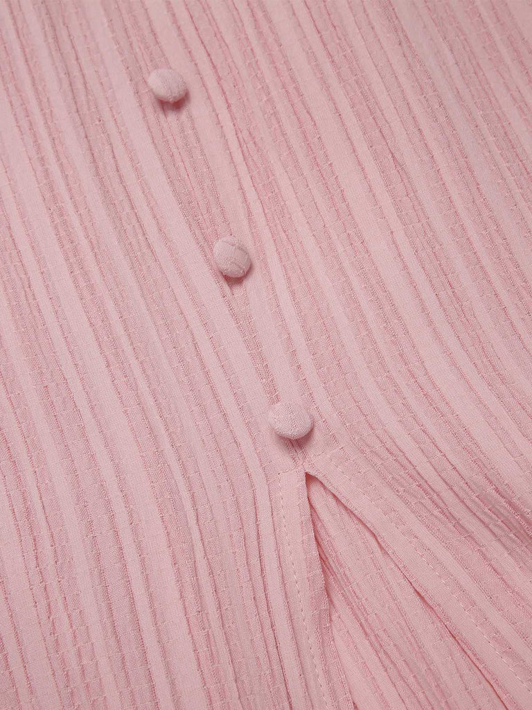 Pink 1950s Pinstripe V-Neck Puff Sleeves Ruched Dress, vintage dress, retro fashion, rockabilly, pin-up fashion - perfect for women who love vintage and retro fashion