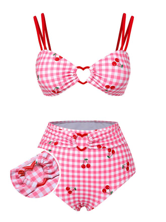 Pink 1950s Plaid & Cherry Strap Swimsuit, vintage swimsuit, pin-up swimwear - perfect for women who love vintage and retro fashion