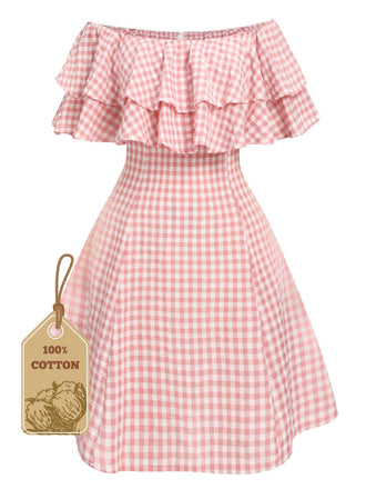 She slips into this Pink 1950s Plaid Cotton Off-Shoulder Dress and suddenly it's a 1950s daydream