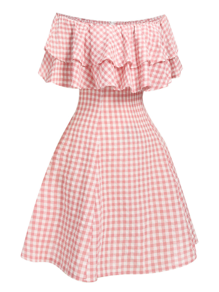 Pink 1950s Plaid Cotton Off-Shoulder Dress, vintage dress, retro fashion, rockabilly, pin-up fashion - perfect for women who love vintage and retro fashion
