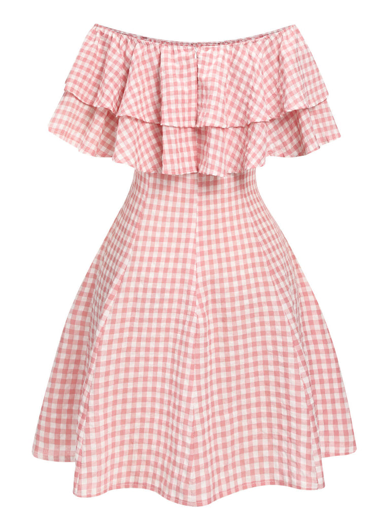 Pink 1950s Plaid Cotton Off-Shoulder Dress, vintage dress, retro fashion, rockabilly, pin-up fashion - perfect for women who love vintage and retro fashion