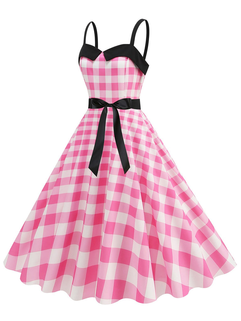 Pink 1950s Plaid Patchwork Spaghetti Straps Dress: where 1950s romance meets her modern spirit