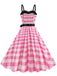 This Pink 1950s Plaid Patchwork Spaghetti Straps Dress wraps her in 1950s elegance, one twirl at a time