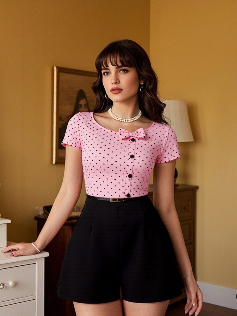 Pink 1950s Polka Dot Bow Romper: timeless 1950s elegance she makes her own