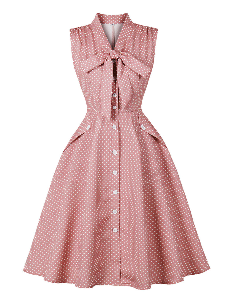 Pink 1950s Polka Dot Tie Bow Swing Dress, vintage dress, retro fashion, rockabilly, pin-up fashion - perfect for women who love vintage and retro fashion
