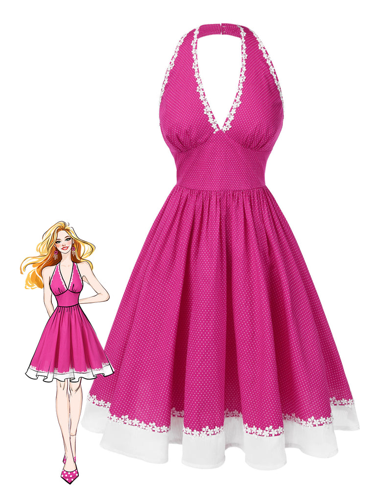 Pink 1950s Polka Dots Halter Cotton Dress: where 1950s romance meets her modern spirit