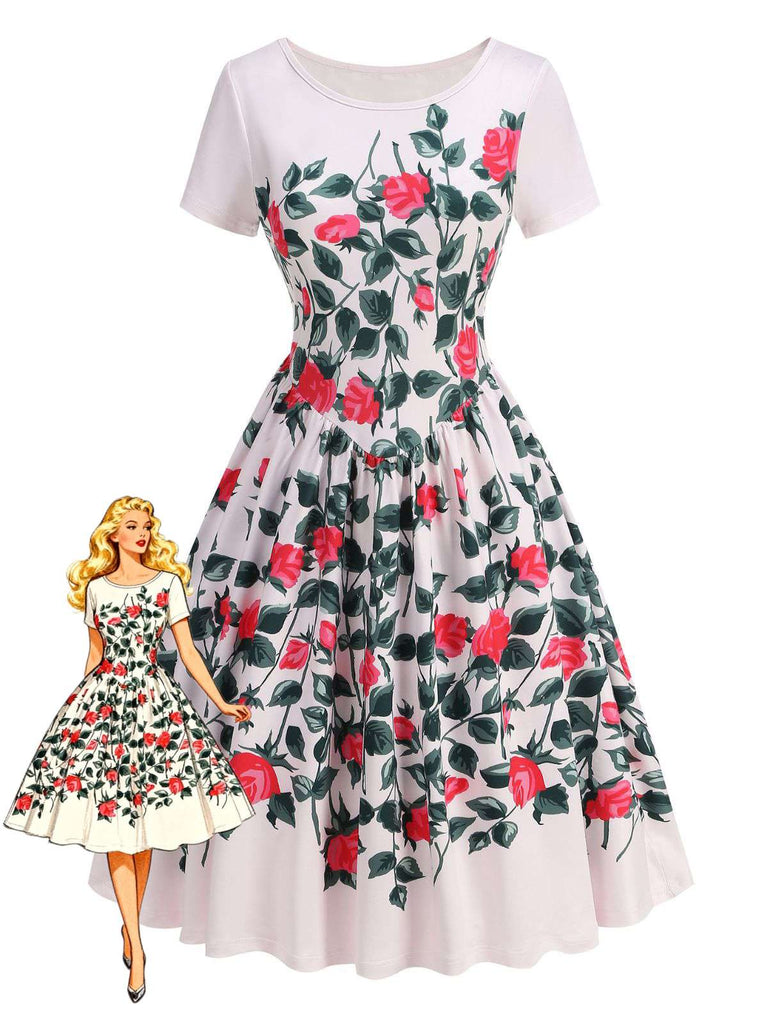 Pink 1950s Rose & Green Leaf Swing Dress - vintage dress, retro fashion, elegant style for vintage lovers