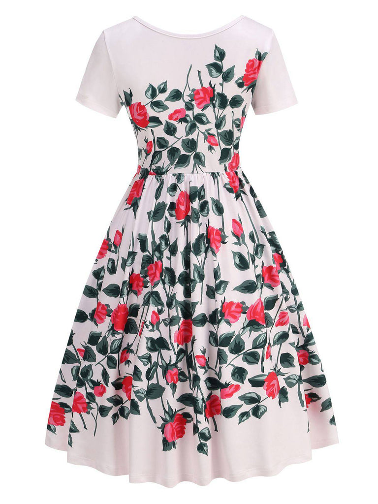 Pink 1950s Rose & Green Leaf Swing Dress - vintage dress, retro fashion, elegant style for vintage lovers