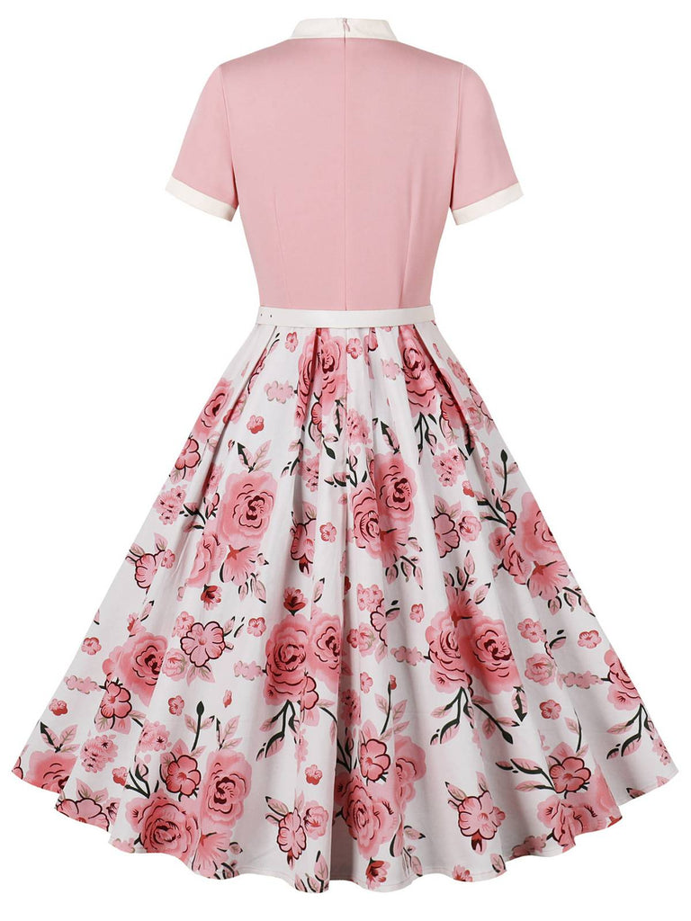 Pink 1950s Rose Patchwork Tie Collar Dress, vintage dress, retro fashion, rockabilly, pin-up fashion - perfect for women who love vintage and retro fashion
