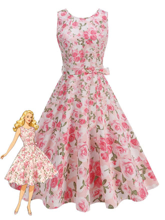 Pink 1950s Round Neck Roses Belted Dress - vintage dress, retro fashion, rockabilly