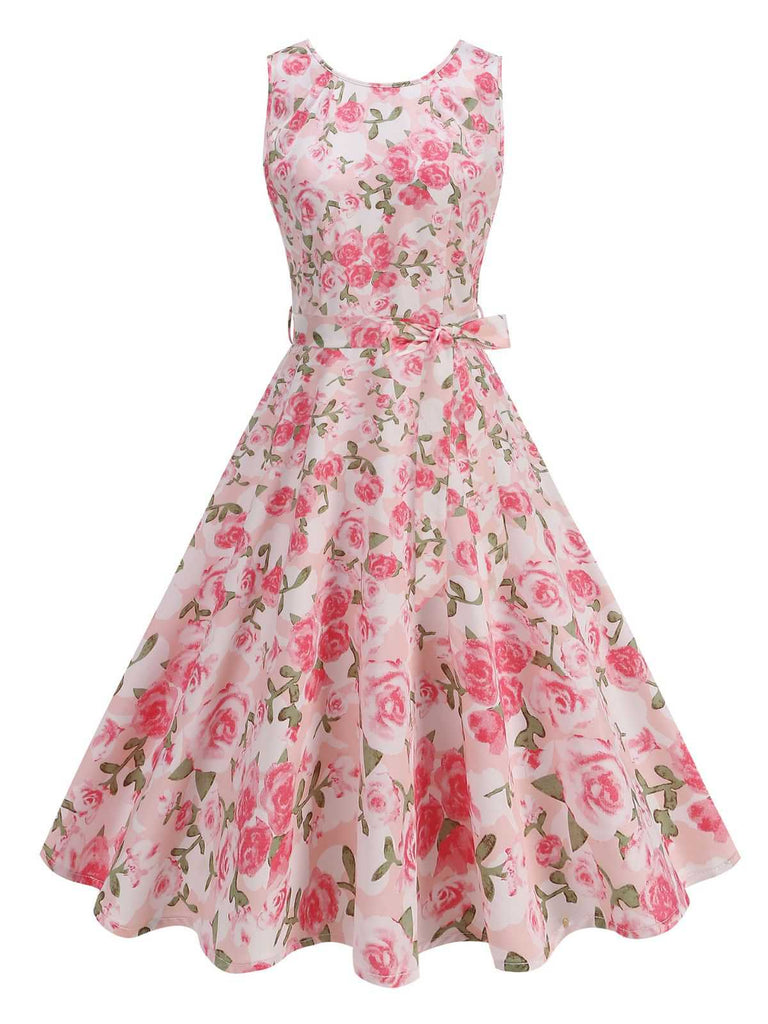 Pink 1950s Round Neck Roses Belted Dress - vintage dress, retro fashion, rockabilly