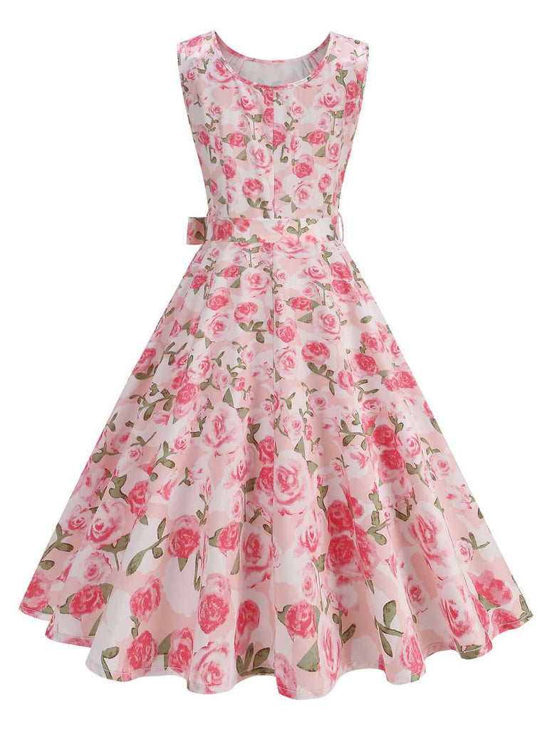 Pink 1950s Round Neck Roses Belted Dress - vintage dress, retro fashion, rockabilly