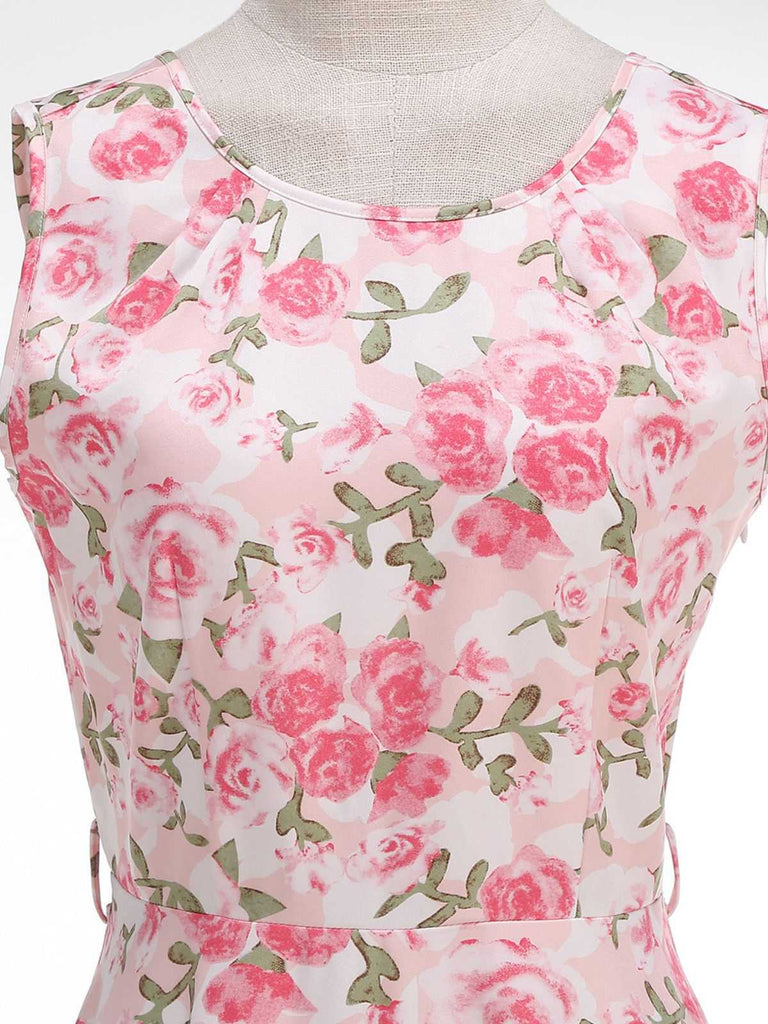 Pink 1950s Round Neck Roses Belted Dress - vintage dress, retro fashion, rockabilly
