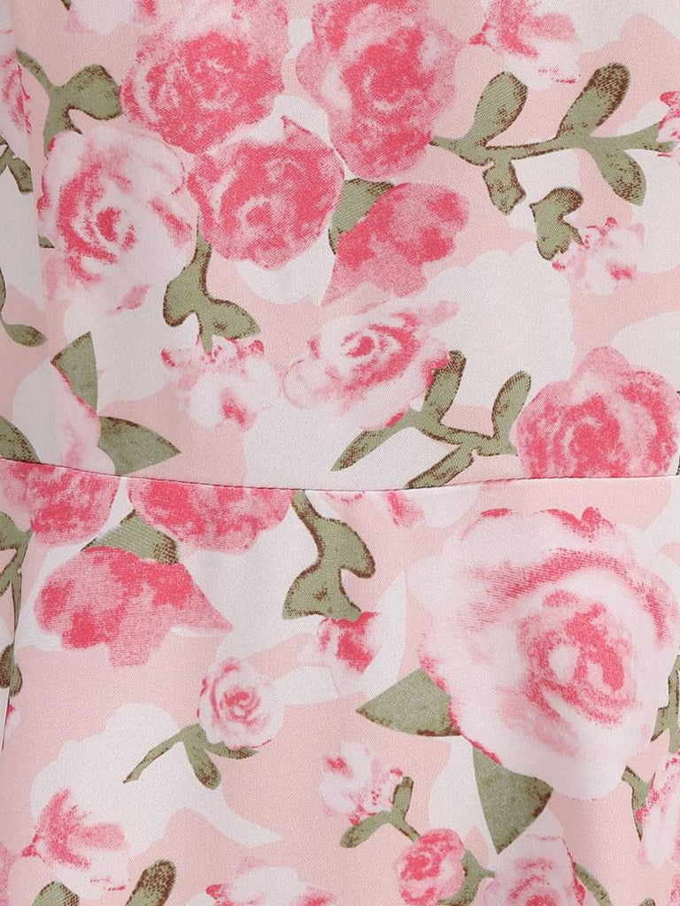 Pink 1950s Round Neck Roses Belted Dress - vintage dress, retro fashion, rockabilly