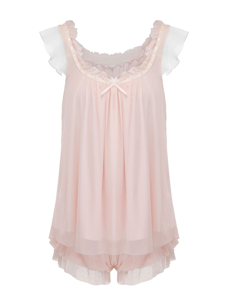 Pink 1950s Ruffle Neck Short Pajamas, vintage fashion, retro style - perfect for women who love vintage and retro fashion