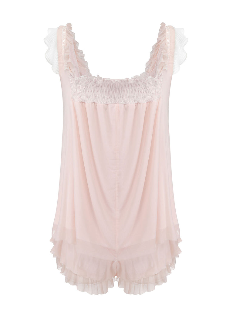 Pink 1950s Ruffle Neck Short Pajamas, vintage fashion, retro style - perfect for women who love vintage and retro fashion