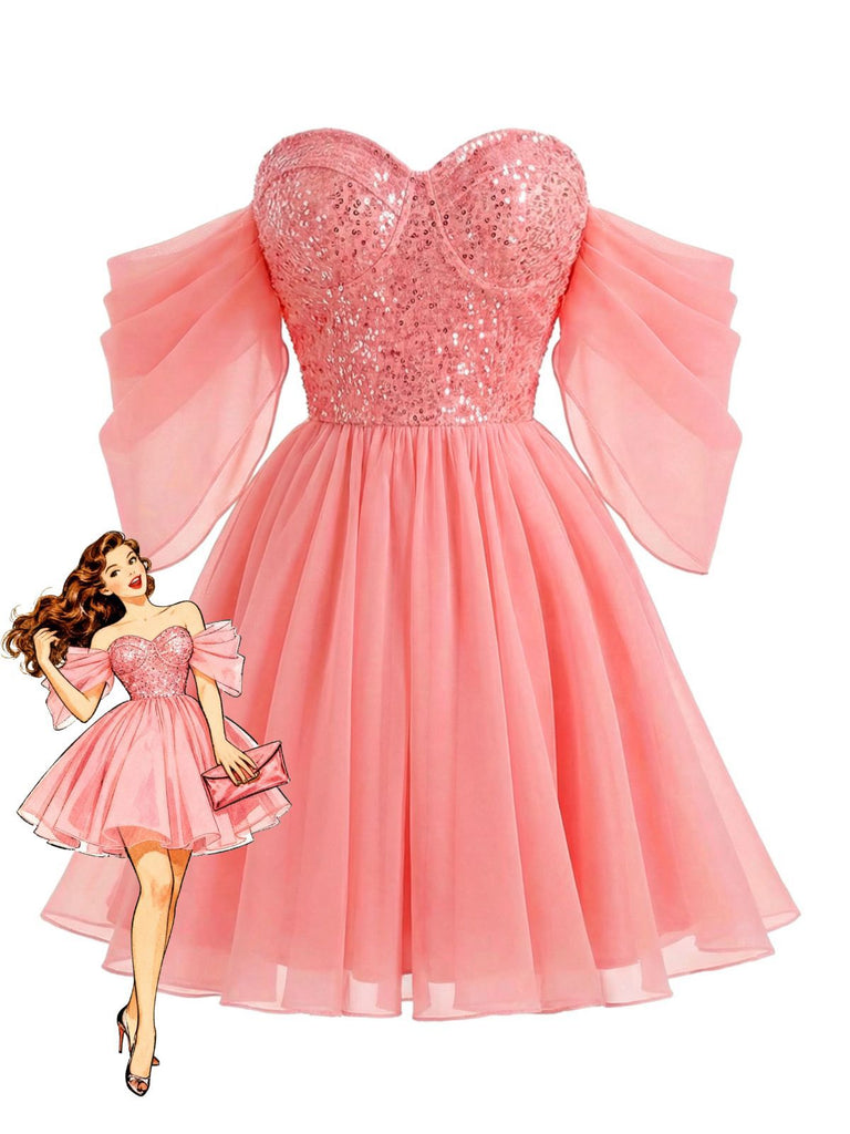 Pink 1950s Sequin Mesh Off-Shoulder Dress - vintage dress, retro fashion, rockabilly