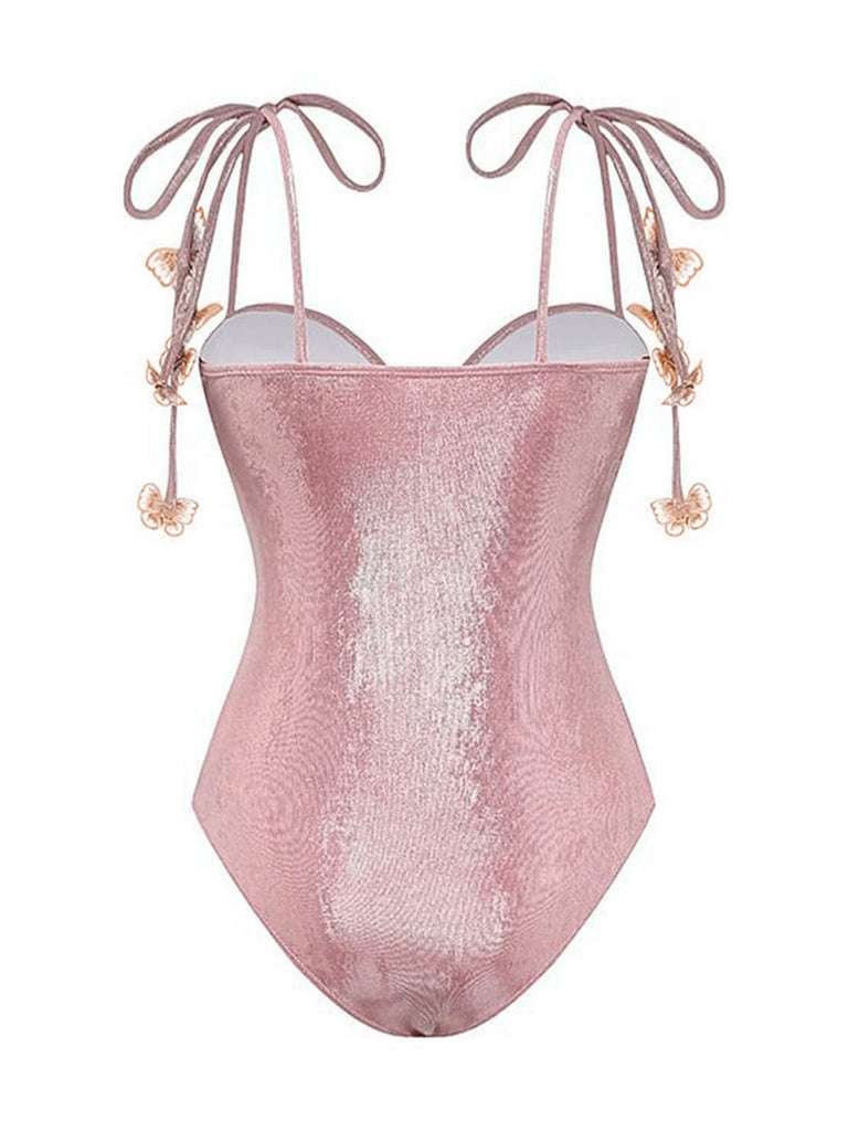 Pink 1950s Shimmery 3D Butterflies One-Piece Swimsuit: 1950s Riviera elegance, reimagined for her