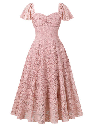 She slips into this Pink 1950s Solid Lace Heart Collar Dress and suddenly it's a 1950s daydream